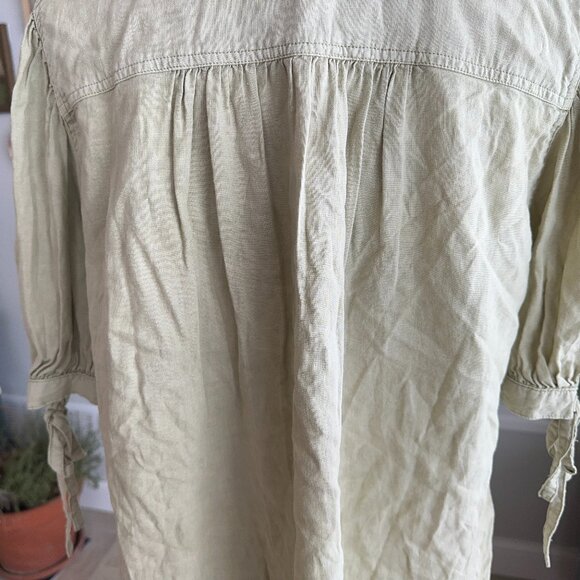 Free People Linen Blend Utility Button Down Blouse with Ties on Puff Sleeve Sz L - Picture 6 of 11